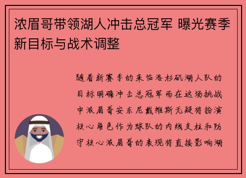 浓眉哥带领湖人冲击总冠军 曝光赛季新目标与战术调整