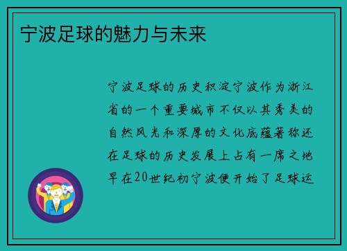 宁波足球的魅力与未来