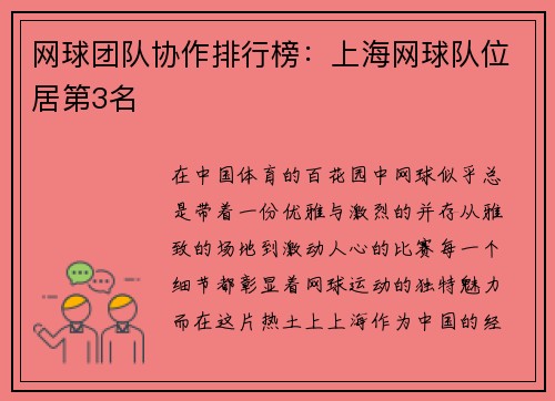 网球团队协作排行榜：上海网球队位居第3名