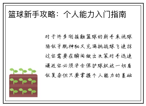篮球新手攻略：个人能力入门指南